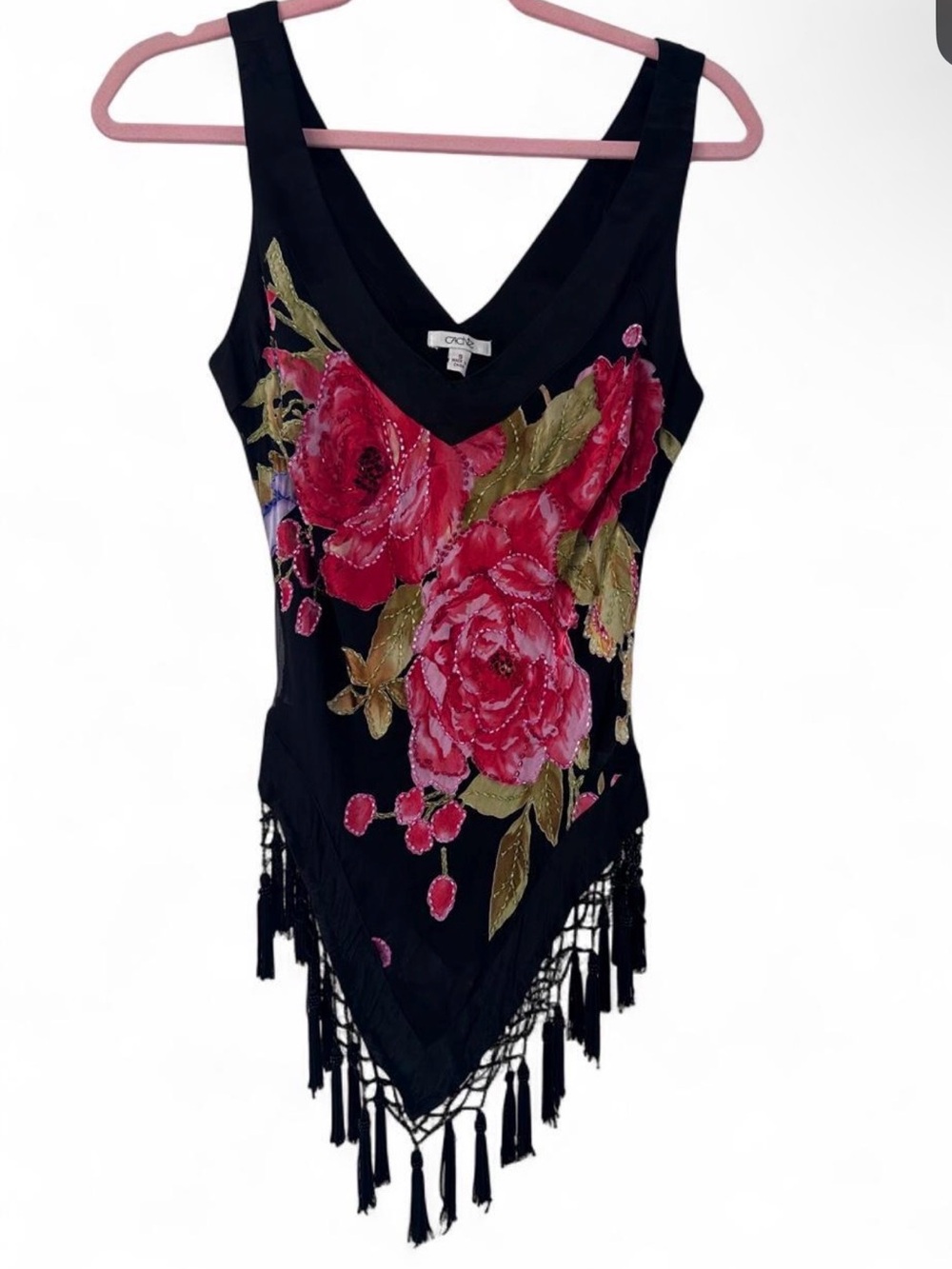Cache Vintage Y2K Red Floral Burnout Cowl Neck Fringe Tank Top small - Picture 3 of 5